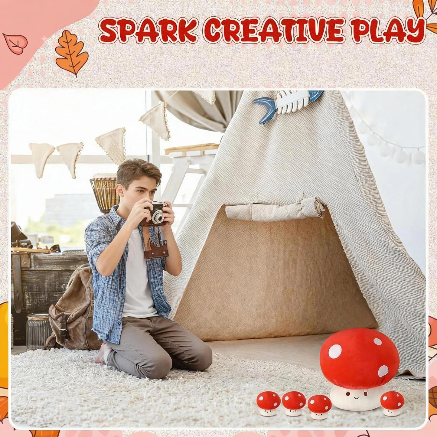 Fanfanwin 5 Pcs Mushroom Plush Pillow, 12 Inch 1 Large Mushroom Plush Pillow with 4 Small Stuffed Animals Hugging Room Decor Gift for Valentine
