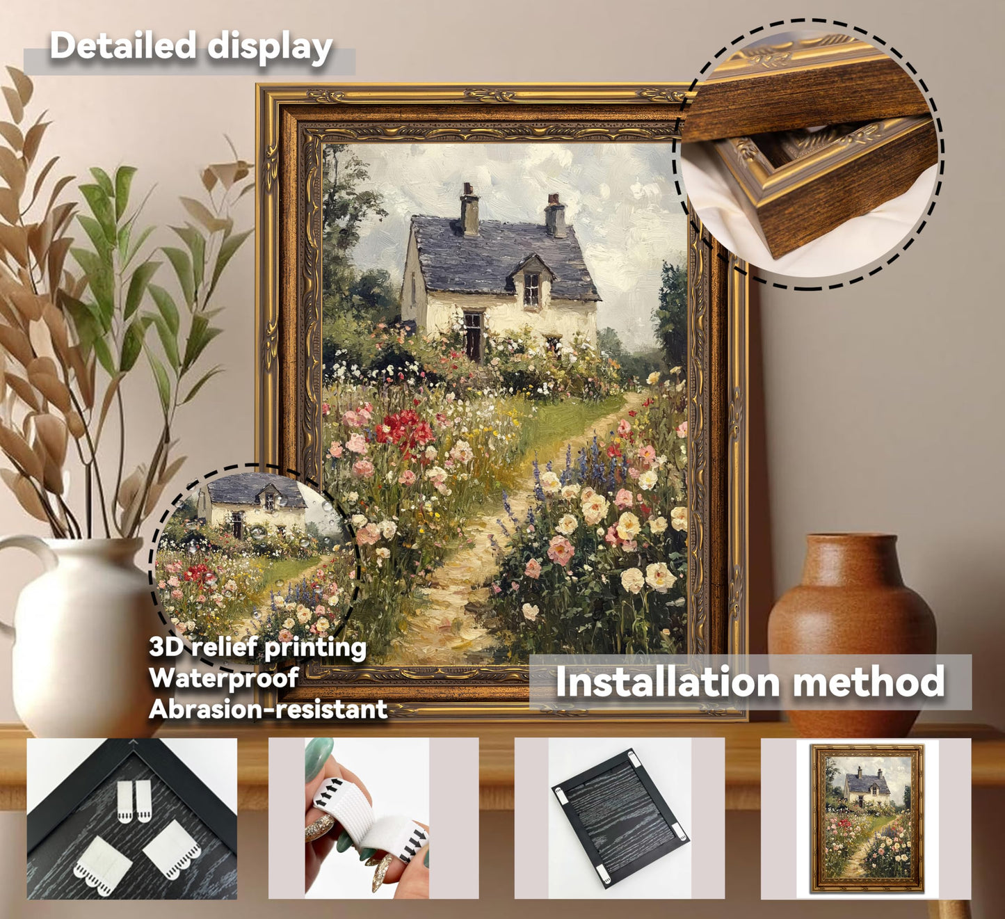 3D Textured Canvas Wall Art Vintage Carved Gold Frame Vintage Country Farmhouse Wildflower Nature Floral Relief Poster Print Artwork for Bedroom, Bathroom, Living Room Office Home Decor