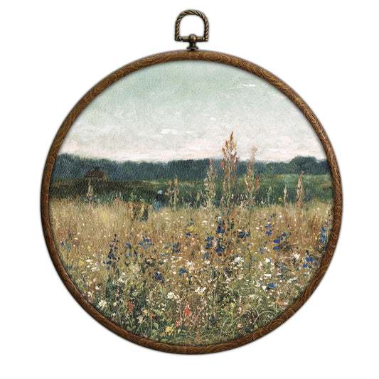 Wildflower Round Wall Art Decor, Floral Field Landscape Circular Wall Art, Vintage Round Boho Home Decoration, Circular Hanging Decor with Hooks for Living Room Bedroom Kitchen Office Decoration, 18