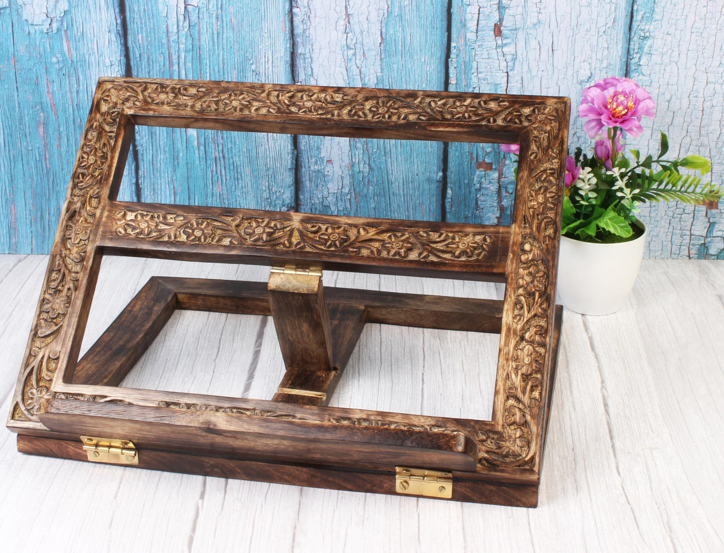 Mother’s Day Adjustable Wooden Book Stand, Handmade Quran Bible Geeta Cookbook Holder, Folding Reading Display Stand, Carved Prayer Rihal Rest, Recipe Book Holder, Gifts for Mom