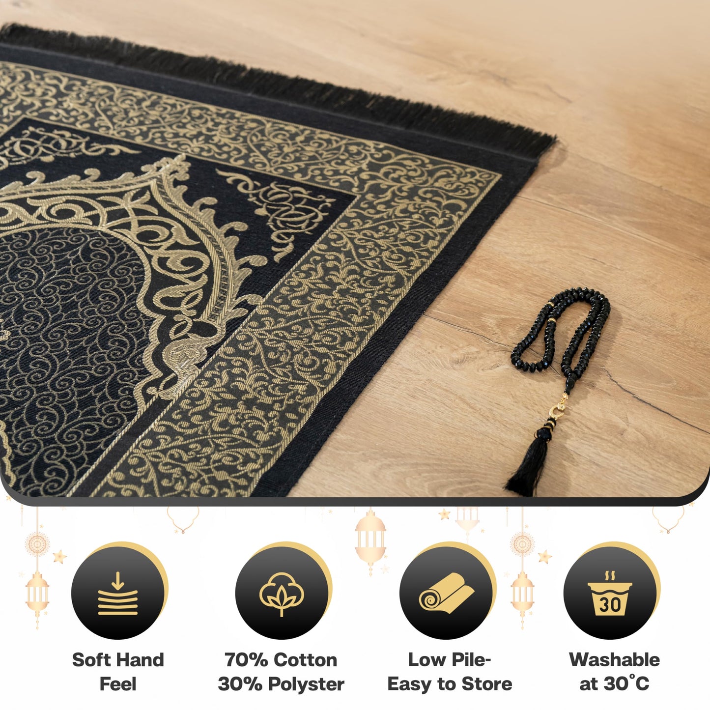 SUMELA Muslim Prayer Rug with Islam Prayer Beads - Travel Prayer Mat, Islamic Gifts for Women, Portable Prayer Matt Islam, Islamic Prayer Rug Islam Men Women, Praying Mat for Muslim Gifts, Black