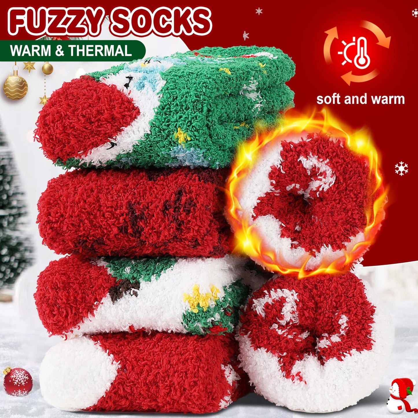 ProEtrade Fuzzy Socks for Women Teen Girls Fluffy Cozy Christmas Gift Cabin Holiday Winter Warm Fleece Thick Comfy Home Plush Cute Snowman Fun Soft Socks Stocking Stuffer(Santa Claus,M)