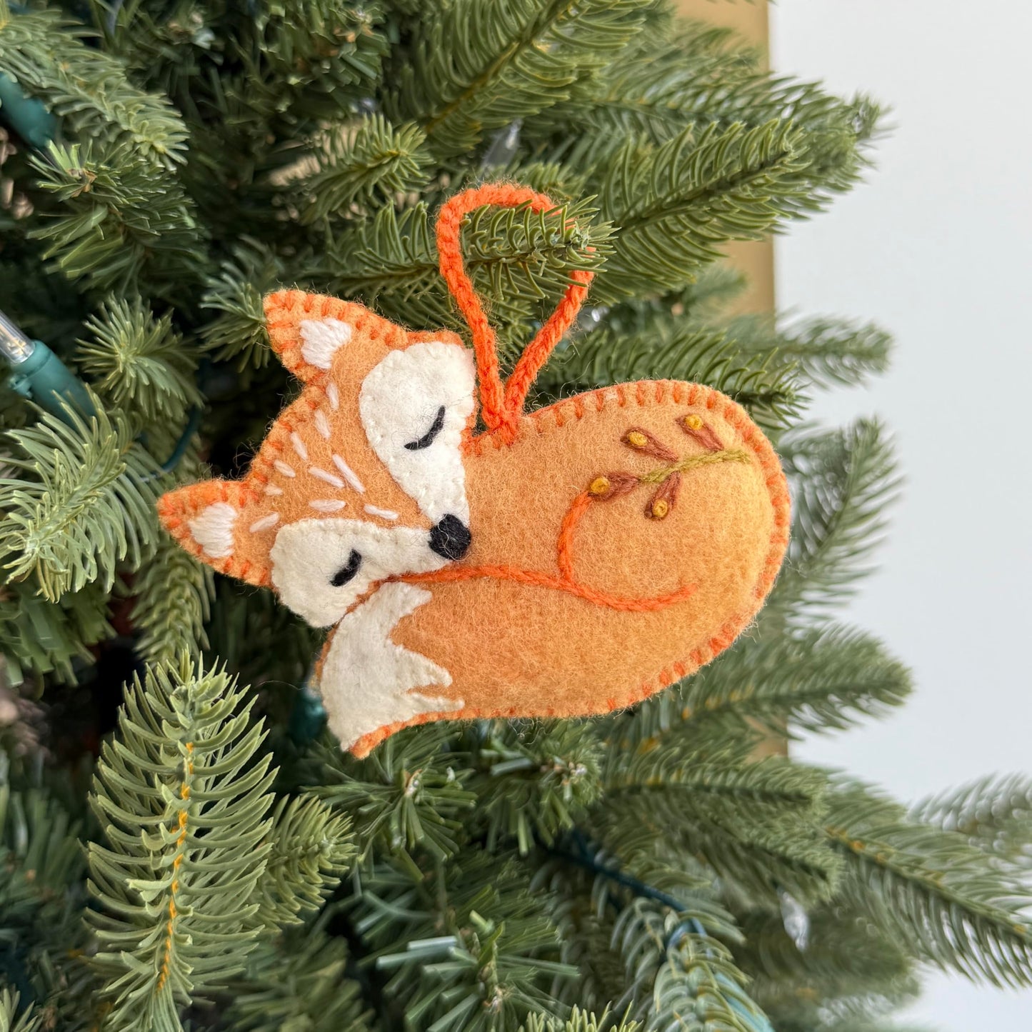 Sleeping Fox Christmas Ornament Handmade Embroidered Felt