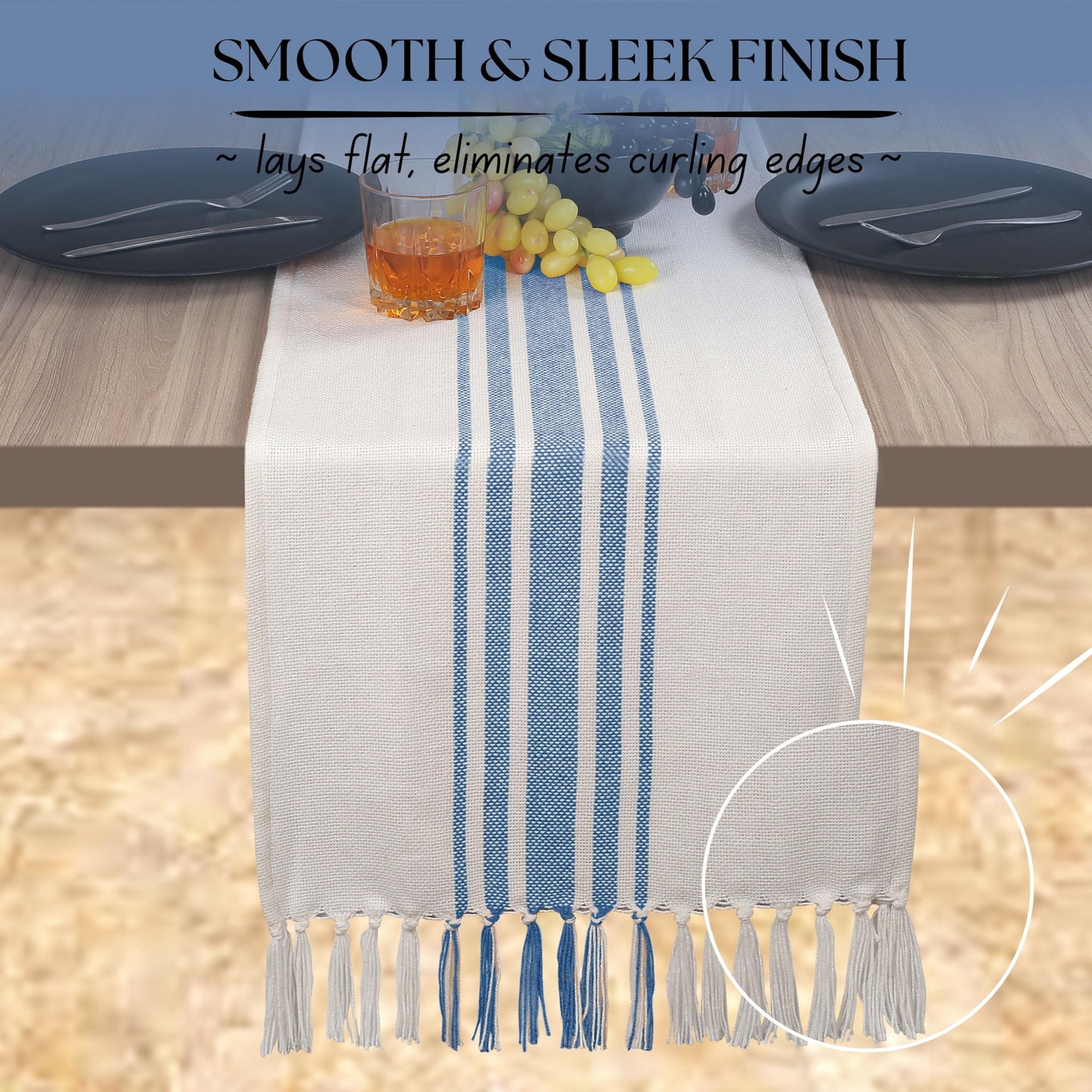 Native Fab Stripe Table Runner - 72 Inches Long Boho Table Covers with Tassels - 100% Cotton, Tight Weave, Non Slip Tablerunner for Dining, Kitchen, Dresser, Wedding, 14"x72" - Light Blue & White