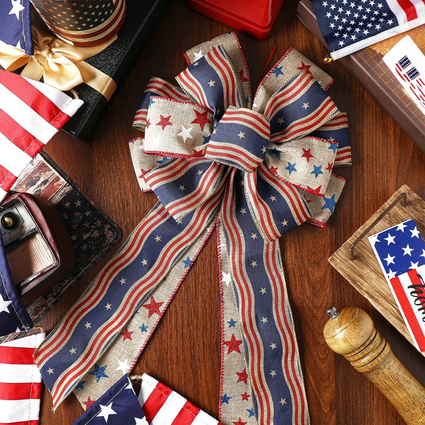 Moucuny 2 Pcs Memorial Day Bows 4th of July Patriotic Burlap Bow Red White Blue Stars Tree Topper American Flag Wreath for Indoor Outdoor 250th Anniversary Independence Party Decoration(Rustic)