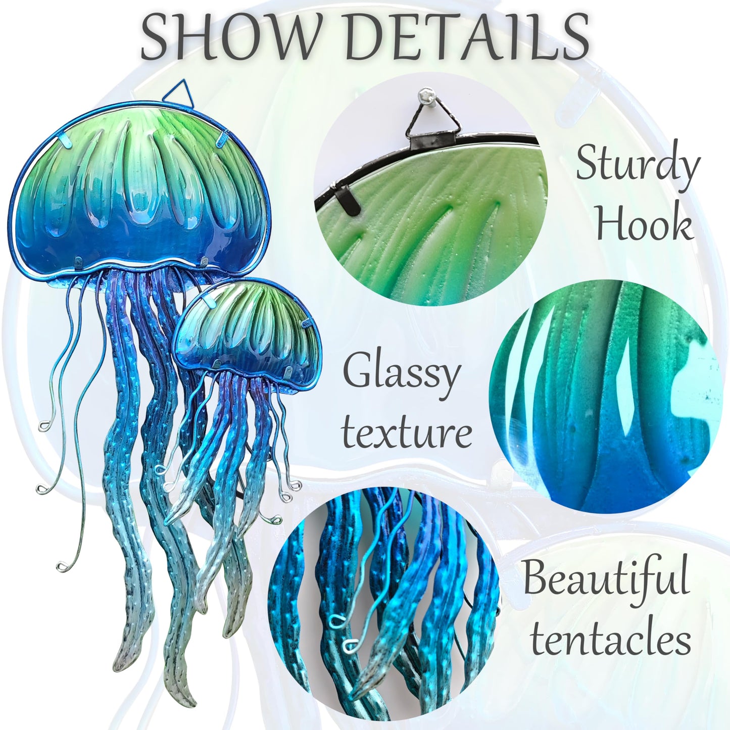 JOYBee Ocean Jellyfish Wall Art Decor-Sea Life Nautical Home Hanging Decor-Glass&Metal Jellyfish Decoration for Pool,Beach,Patio,Living Room,Bathroom,Boat, Coastal Decorations(17inch)