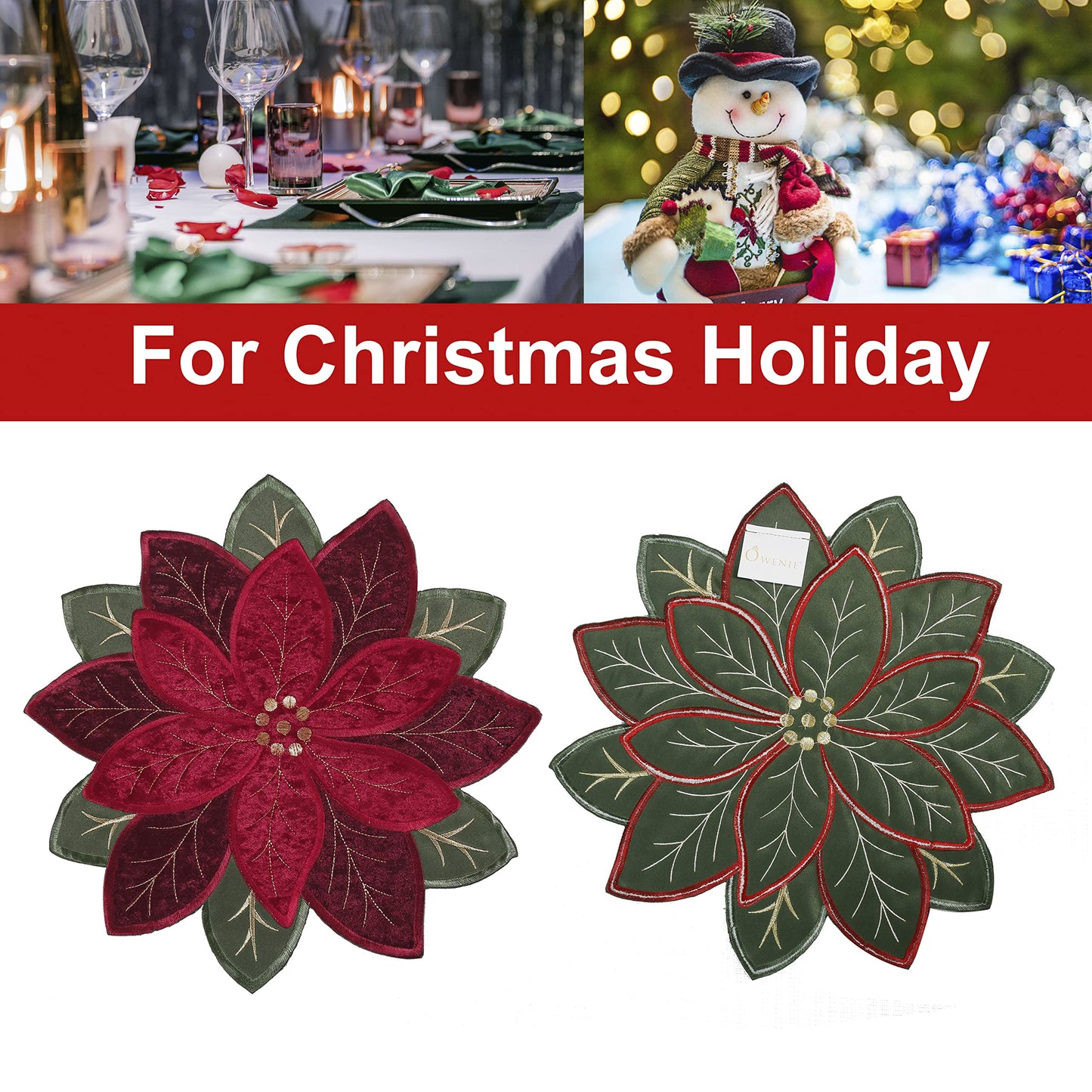 OWENIE Christmas Placemats Set of 4, Poinsettia Table Mats with Embroidered and Applique Velvet Fabric, 16 Inch x 16 Inch Diecut Placemat for XMAS Holiday Tabletop, Round Doilies for Dining Table, Red