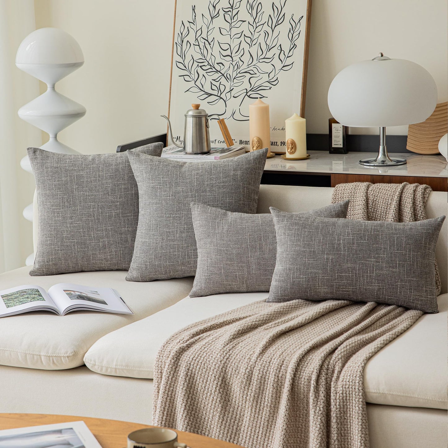 Kevin Textile Faux Linen Square 2 Tone Woven Throw Pillow Covers Sham Cushion Case for Car/Couch Use, 18-inch(2 Packs, Grey)