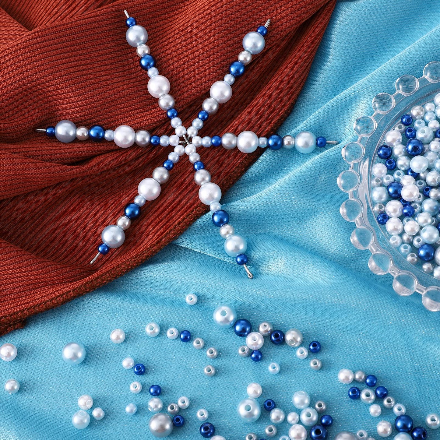Hotop 24 Pcs Christmas Snowflakes Wire Forms Metal Snowflake Christmas Beads Wire for DIY Jewelry Ribbon Charms with 3 Sizes Mixed Pearl Beads Xmas Ornament Kits(Blue, Silver, White)