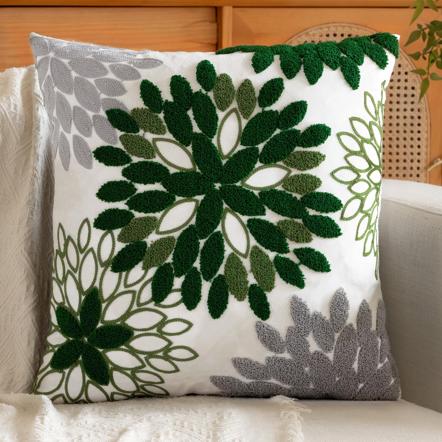 Tikeciti Embroidered Forest Green Grey Dahlia Pillow Covers, Dark Green Soft Velvet 18 x 18 Inch Throw Pillows Modern Elegant Geometric Pillowcase Decorative Cushion Case for Sofa Living Room Bedroom