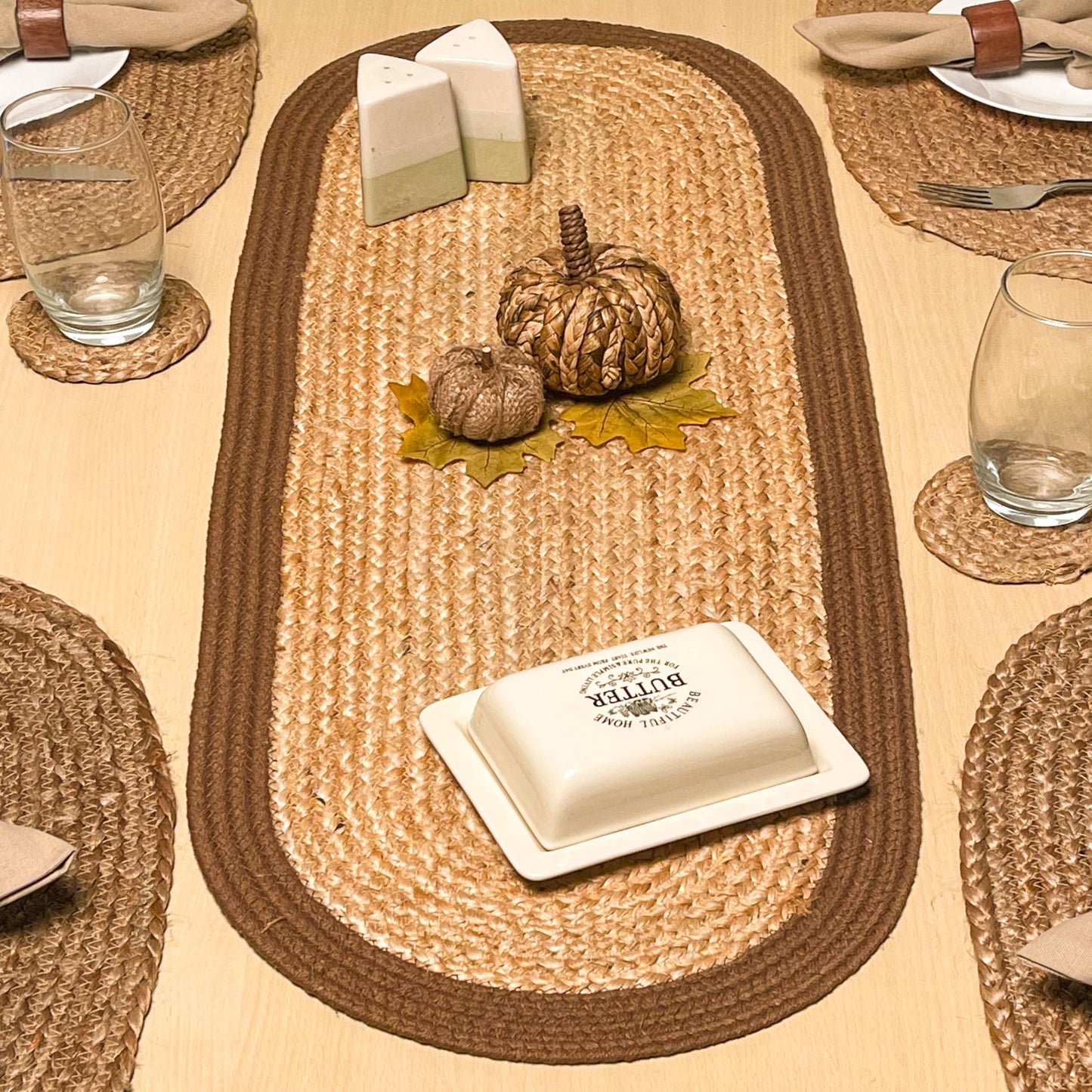CHARDIN HOME Verona Oval Woven Jute & Cotton Braided Table Runner, Size -13 x 36 Inches, Color - Natural Jute with Brown Border