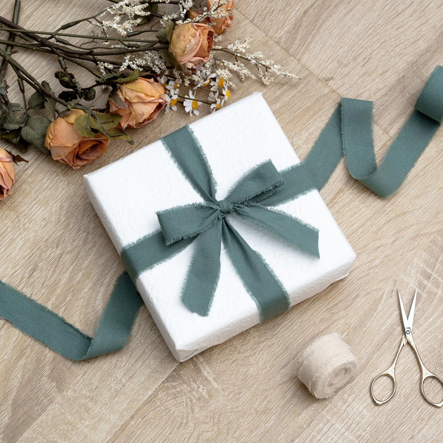 Keypan Christmas Ribbon Set 1" x 15 Yards with Frayed Fringe Fabric Cotton Ribbons for Gift Wrapping Wedding Invitations Flower Bouquet Baby Shower