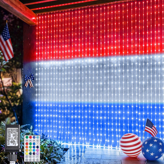 Color Changing Curtain Lights, 256 LED Red White Blue Window Curtain Lights with Remote, 5.16 * 5.24ft Plugin July 4th Window Fairy Light for Christmas July 4th Halloween Bedroom Wedding Home Decor