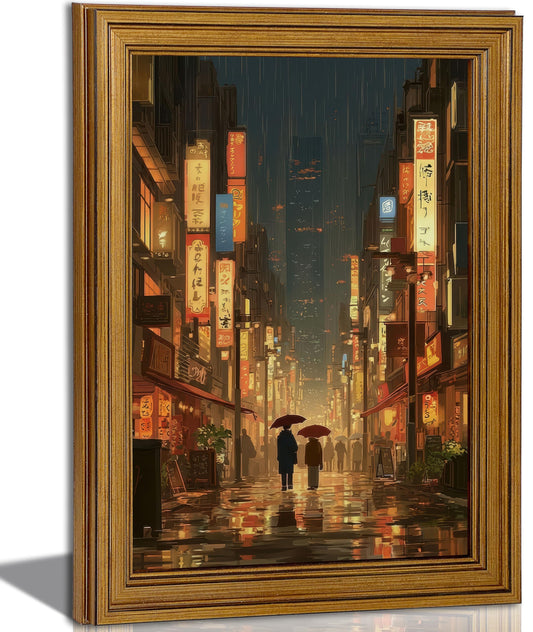 Vintage Gold Framed Wall Art Japanese Street Canvas Wall Decor Tokyo Tea House anime Posters Prints Japan City Night Painting Pictures for living room Bathroom Bedroom Office Hallway 9x11 Inches