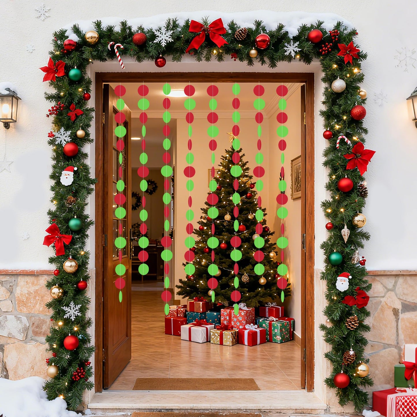 Christmas Party Supplies Decorations Set, Merry Christmas Banner, Foil Balloons, Hanging Swirls, Red and Green Metallic Fringe Curtains, Circle Dots Garland