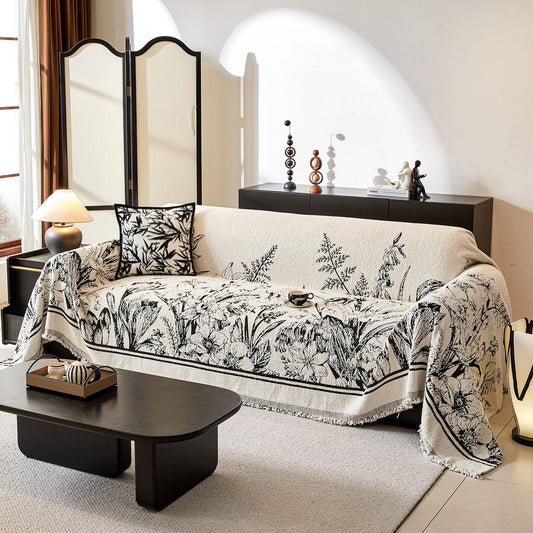 DREAMINGO Floral Sofa Cover for 3 Cushion Couch Thick Plush Furniture Cover 71x134 Inch Vintage Jacquard Tassel Sofa Slipcover for Living Room Farmhouse Sectional Couch Protector Washable, Black