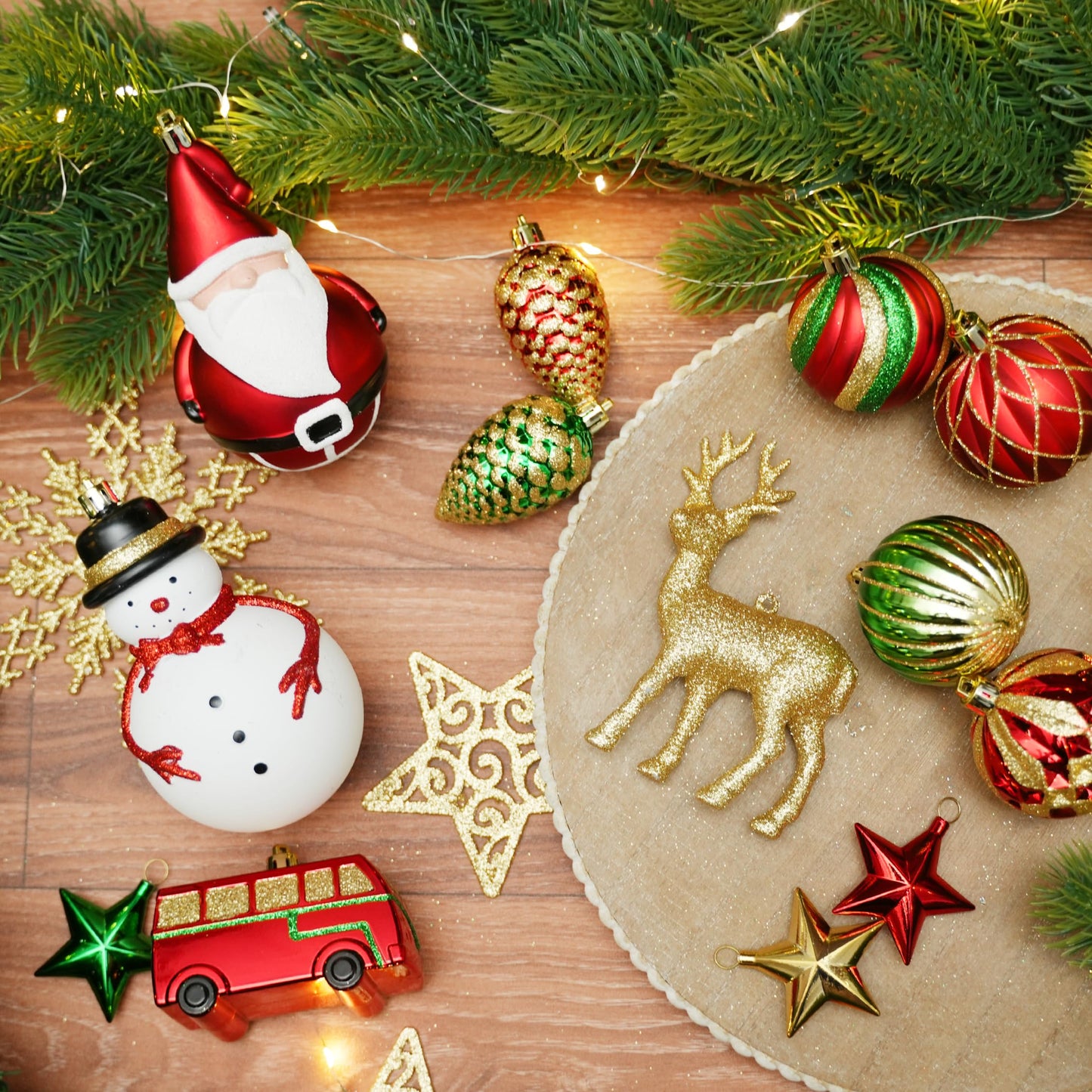 Alupssuc 100 Pcs Christmas Ball Ornaments Set, Santa Claus and Snowman Christmas Tree Decoration Baubles for Indoor Outdoor Holiday Wedding Party Decoration Tree with Hanging Rope, Red & Green & Gold