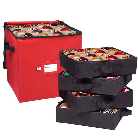 Primode Christmas Ornament Storage Box, 4 Individual Trays Xmas Storage Container, Fits 64 Ornaments Decoration Balls, Constructed of Durable Polyester Material (Red)