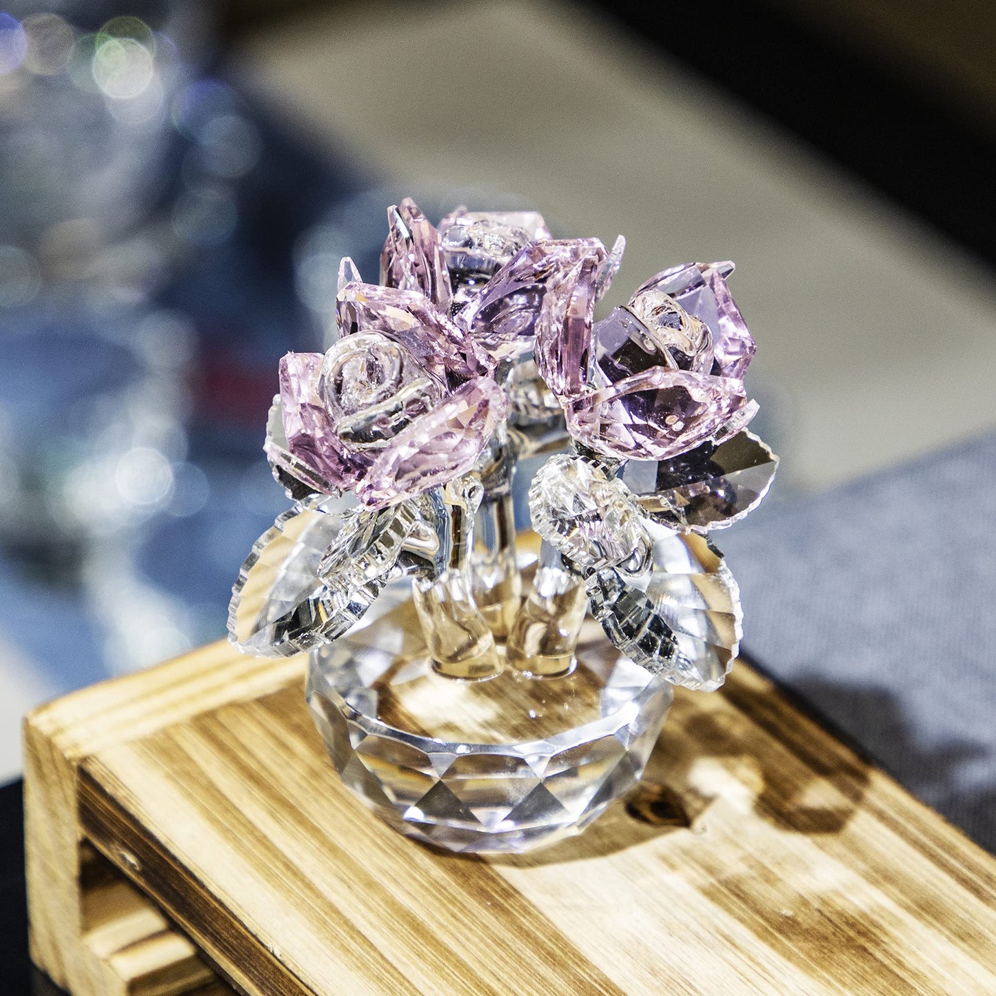 QFkris Pink Crystal Rose Bouquet Flower Figurine for Home Decor 2.8" Glass Flowers Ornament Collection for Women Valentines Day Thanksgiving,Christmas,Mother's Day