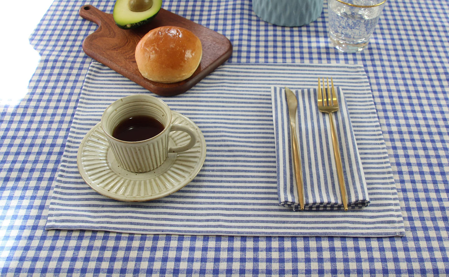 INFEI Plain Striped Cotton Linen Blended Dinner Cloth Napkins - Set of 12 (40 x 30 cm) - for Events & Home Use (Blue)