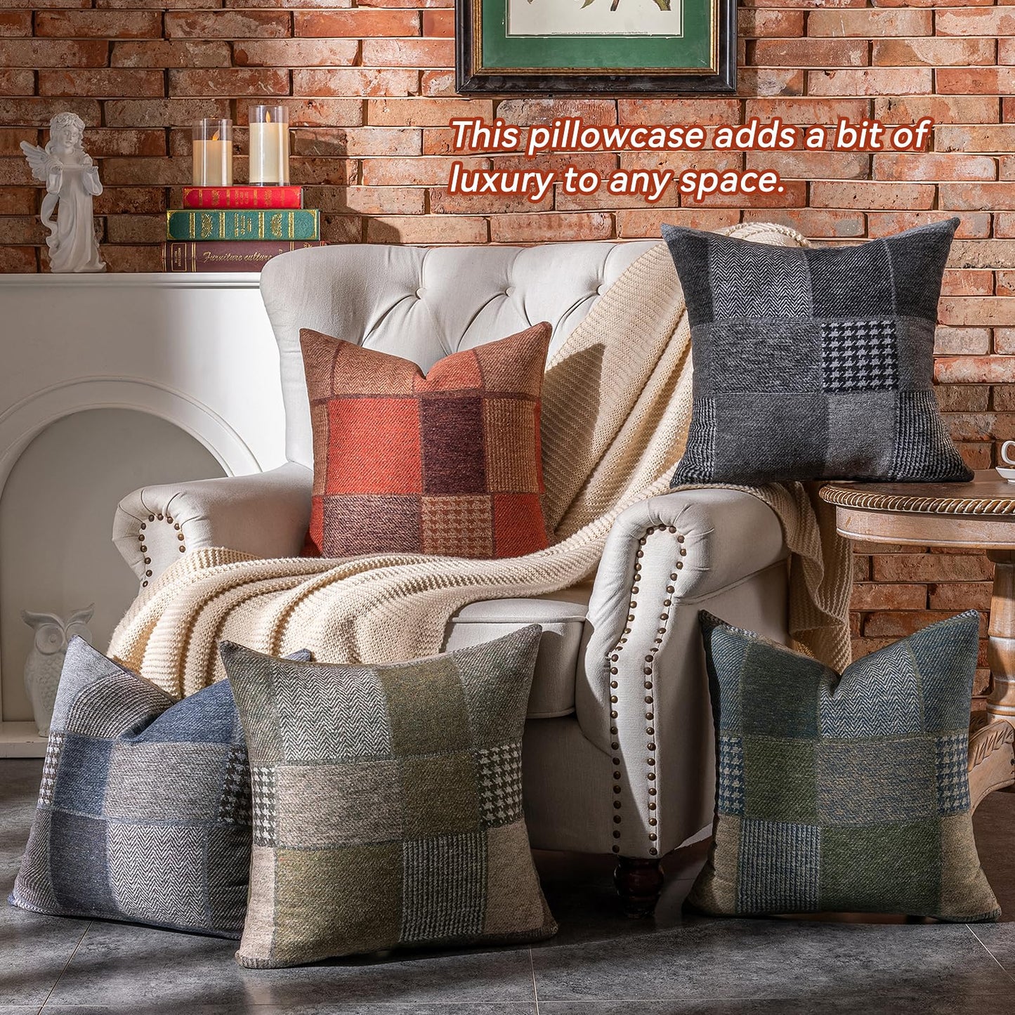AmHoo Set of 2 Throw Pillow Covers Woolen Patchwork Checkered Farmhouse Decorative Square Pillows Cover Pillowcase for Sofa Couch Bed 18 x 18-Inch Coffee
