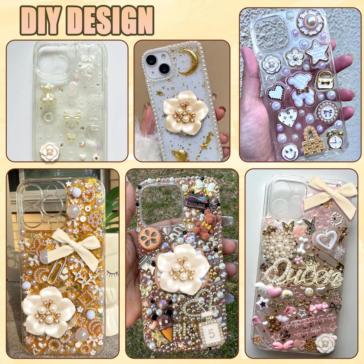 BELICEY Junk Case Charms Elegant Flower Butterfly Charm for Phone Case 3D Bow Heart Bear Junk Phone Case Kit Flatback Pearls Rhinestone for Customizing DIY Craft Accessories