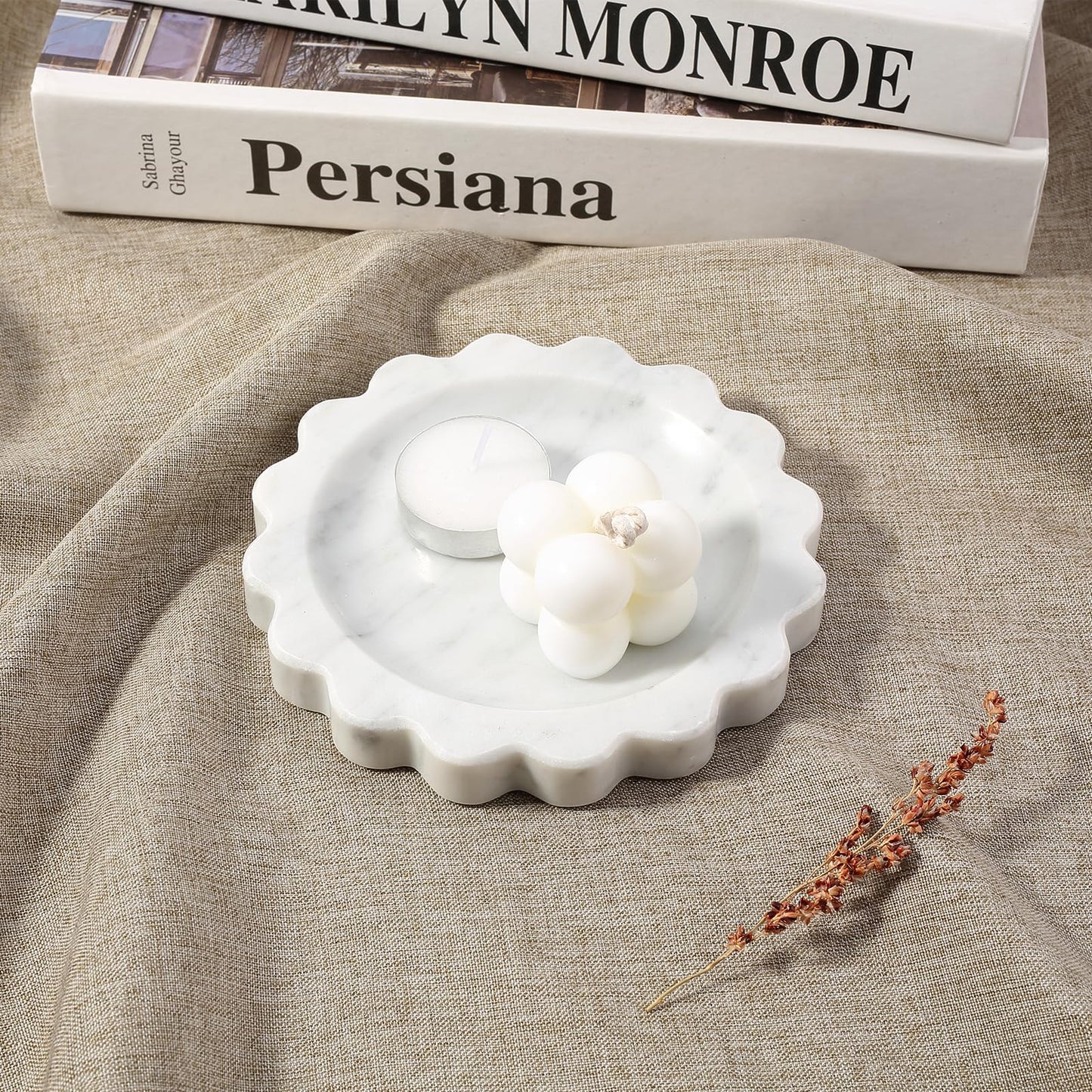 Koville 5.51" Scalloped Marble Tray, Round Stone Jewelry Trinket Dish for Ring, Natural Small Marble Tray for Bathroom Kitchen Dresser Countertop, Decorative Candle Tray(Bianco Carrara)