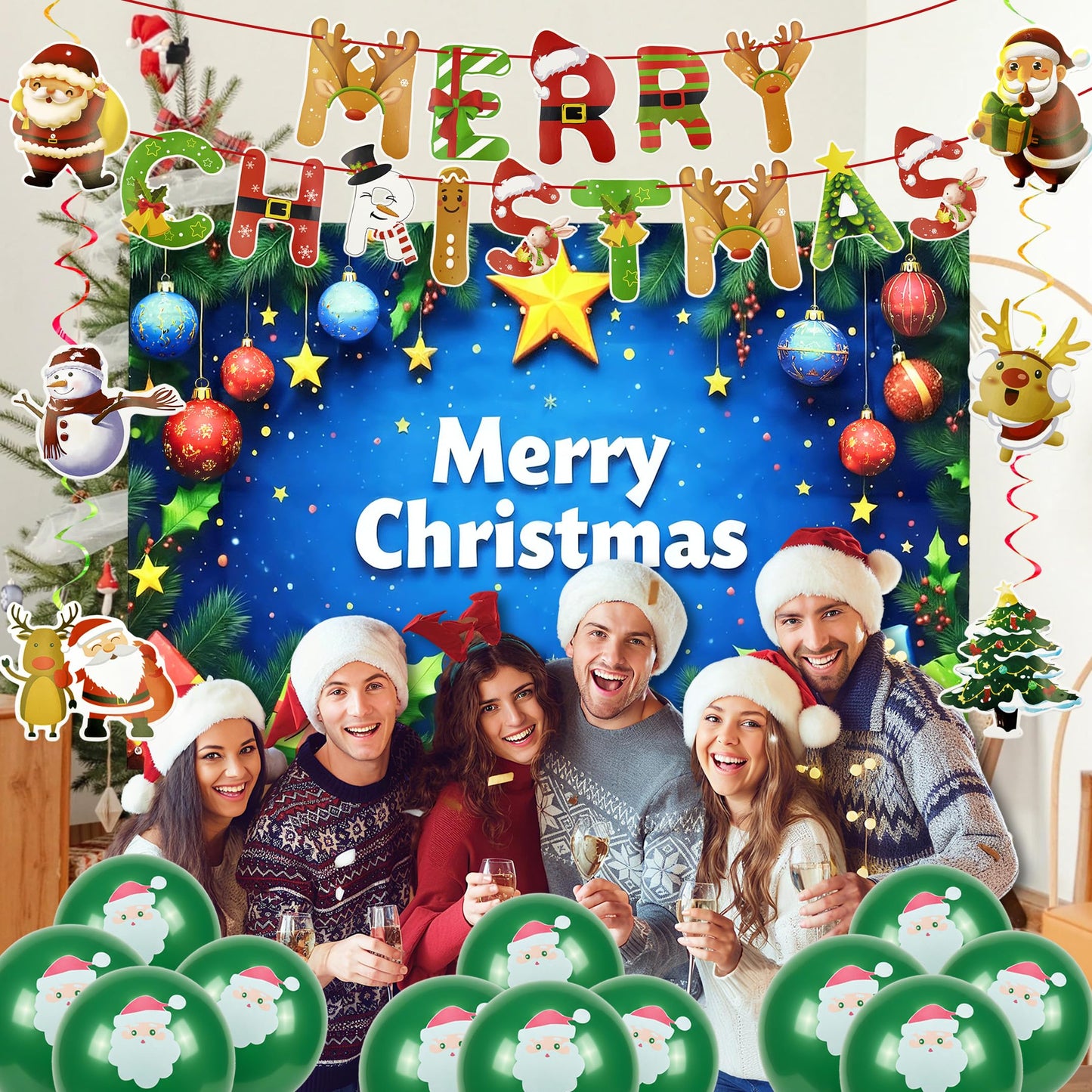Christmas Party Decoration Set, Merry Christmas Banner with Red Green Swirls, Santa Claus Snowman Hanging Decor for Holiday Home Indoor Party (Christmas 3)
