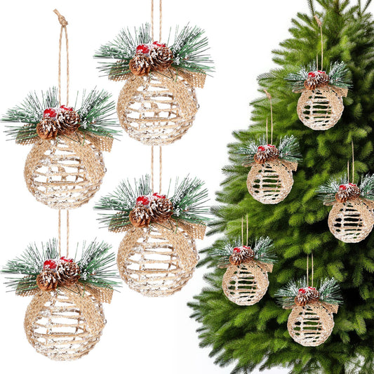 Gemscream 4 Pcs Farmhouse Christmas Ball Ornaments 3.15 Inch Rustic Boho Xmas Tree Hanging Decor with Pine Cones, Pine Needles, Berries and Burlap Bows Linen Shatterproof for Holiday Home Party Decor