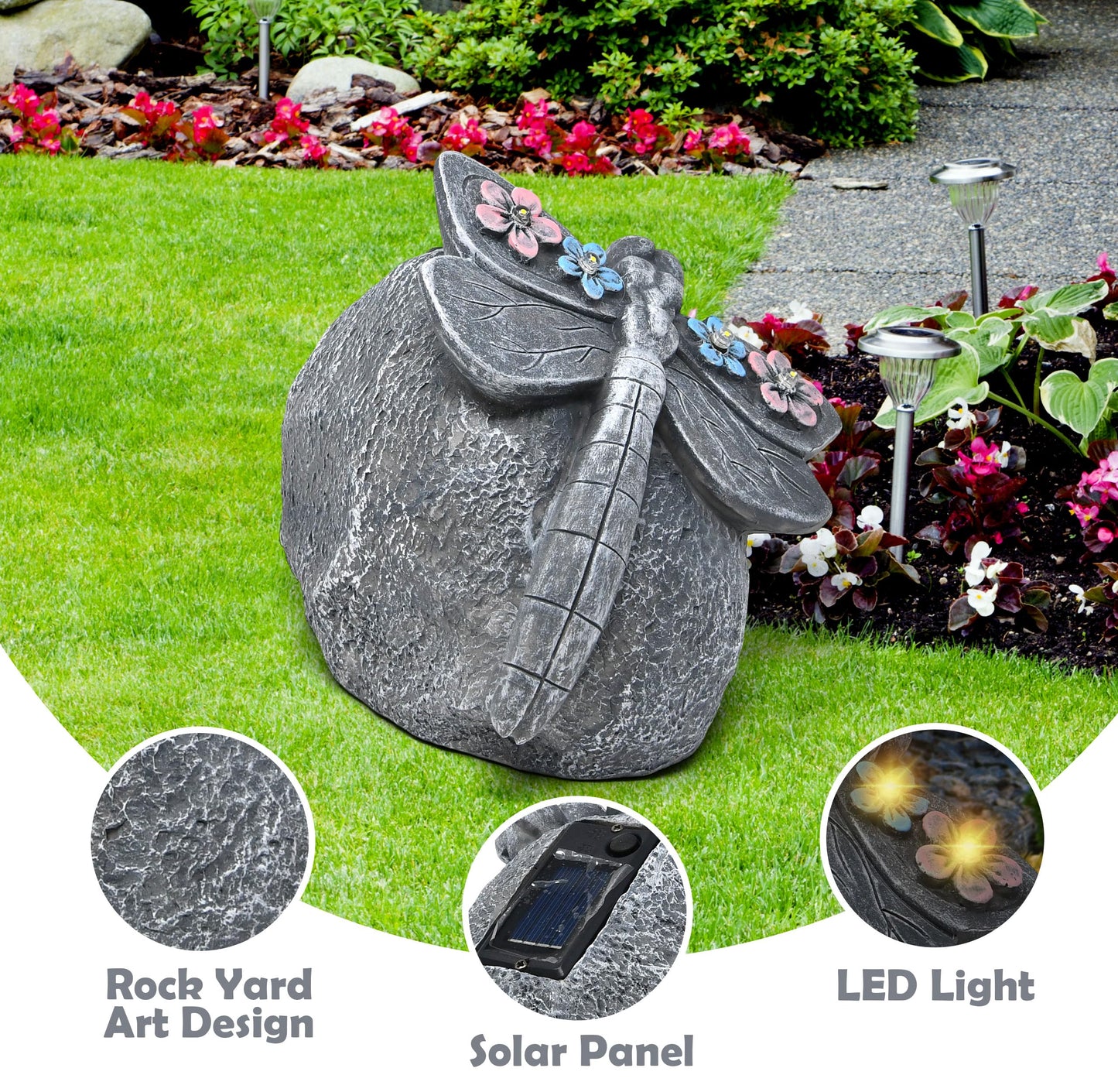 Gift Boutique Solar LED Dragonfly Garden Statue with Lights, Outdoor Resin Rock Decor for Patio Lawn Yard Pathway Flower Bed Decoration