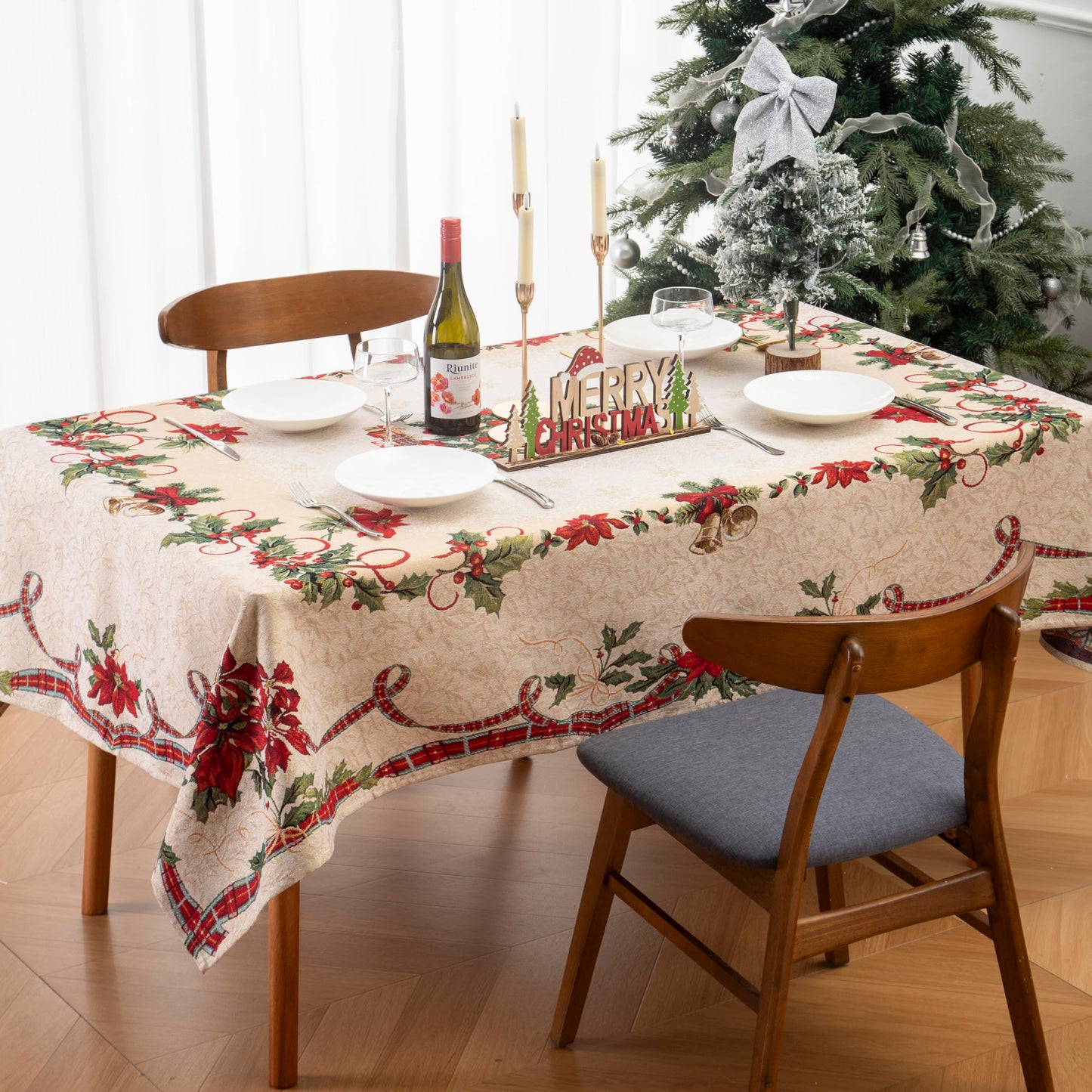 Jessy Home Christmas Tablecloth Xmas Tree Table Cloth Rectangle 55"x82" Winter Table Cover Polyester Wrinkle Resistant Washable Christmas Decoration for Holiday Party Dinner Home