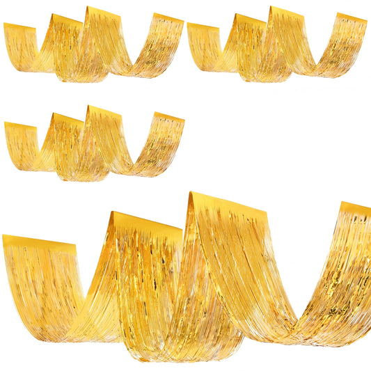 Breling 4 Pcs 15ft Gold Metallic Foil Ceiling Fringe Curtains for Bachelorette Party Decorations, Fringe Ceiling Drapes for Wedding Engagement Bridal Shower Birthday Party Engagement Decor