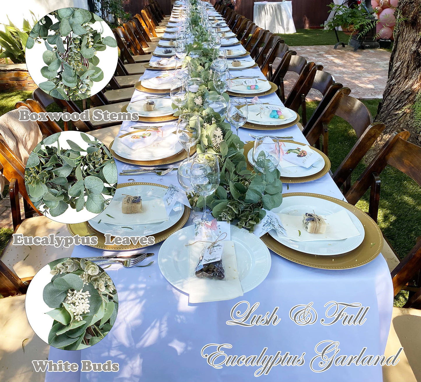 Ouddy Decor Eucalyptus Garland 6.56 Ft Lush Silver Dollar Leaves Boxwood with White Buds Artificial Faux Greenery Vines for Baby Shower Wedding Party Table Runner Room Home Mantle Decor