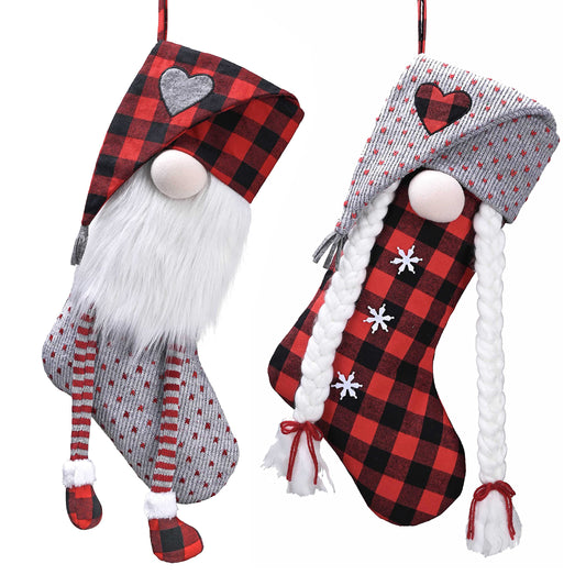 Valery Madelyn 21 Inch Christmas Gnome Stockings Decorations, 2 Pack Fabric Red Gray Tartan Cute Stocking with Name Tag, Valentine Day Gifts for Gnomes Lover and Women