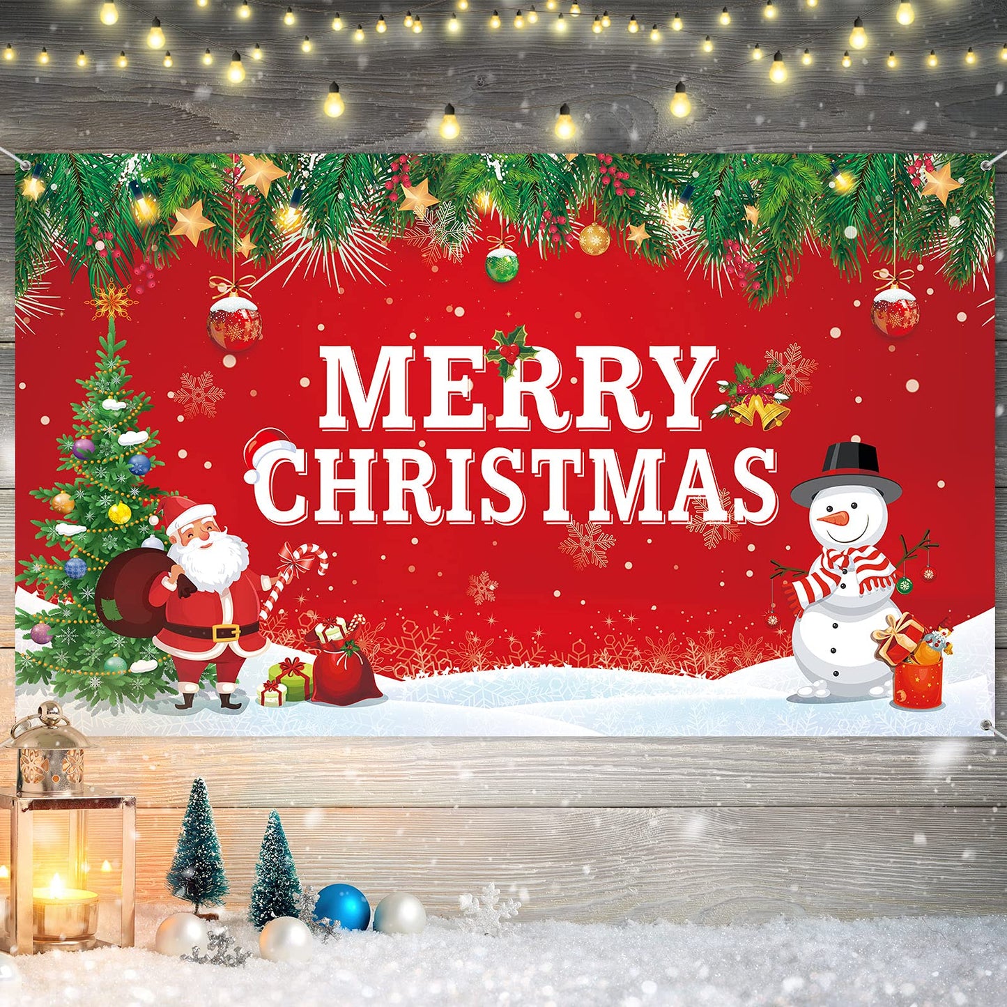 Merry Christmas Backdrop for Photography Banner Large Snow Wonderland Backdrop Winter Snowman Scene Xmas Santa Tree Background for Outdoor Indoor Christmas Decorations Party Gifts, 72.8 x 43.3 Inch