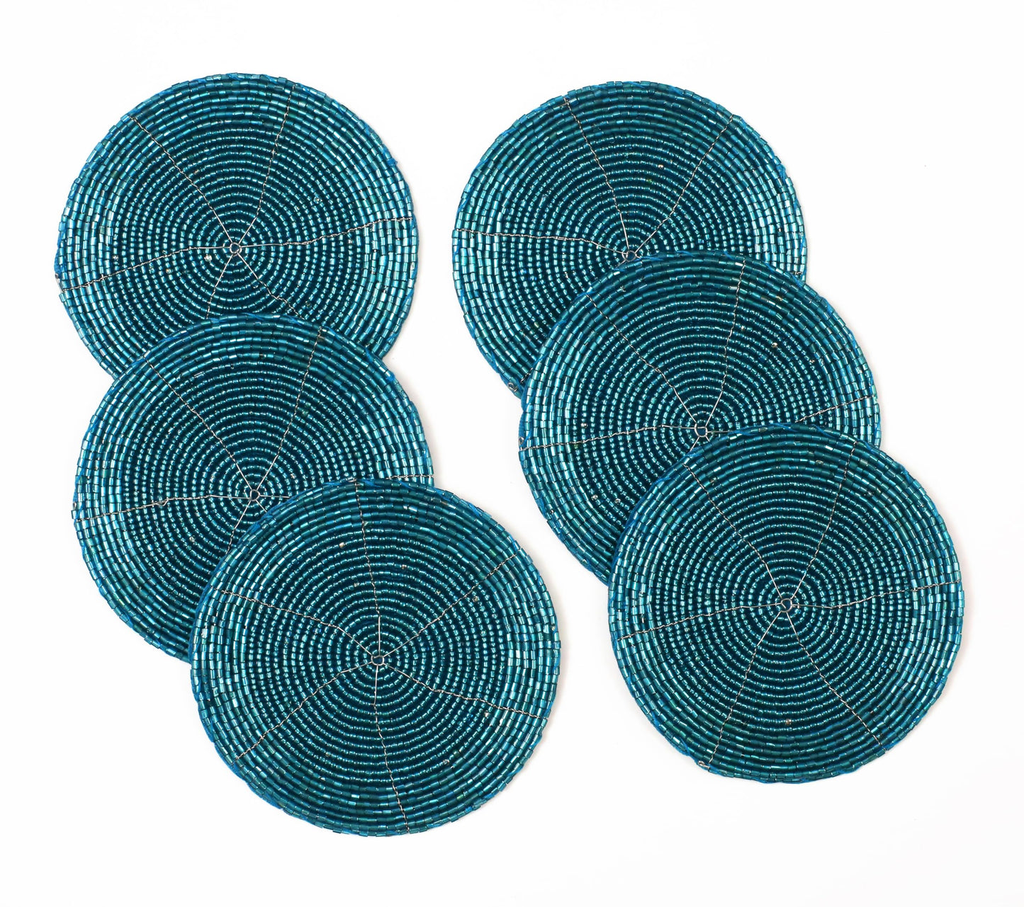 Handmade Beaded Coasters Set of 6, Teal Blue Circular Pattern Decorative Drink Coasters for Coffee Table, Dining Room Table, Wedding Party, Birthday Gift - 4 Inch - Teal