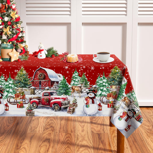THAWAY Christmas Tablecloth 60×84 Inch Rectangular Winter Snowman House Christmas Trees Red Washable Table Cover Waterproof Polyester Xmas Table Cloths for Holiday Home Picnic Dinner Decor