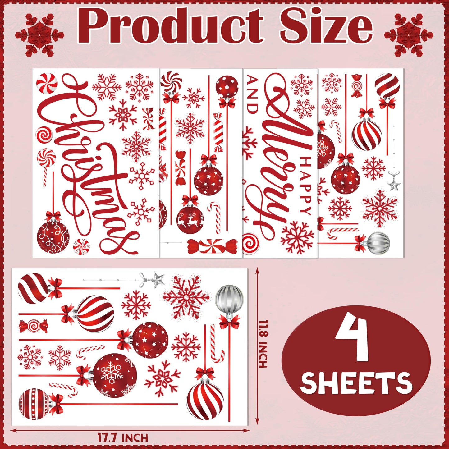 Christmas Window Clings, Merry Christmas Ball Candy Snowflake Decals Stickers, Removable Happy New Year Window Decorations for Glass Windows Xmas Holiday Home Office Decor