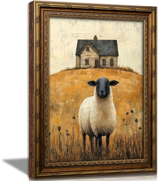 Vintage Gold Framed Wall Art Retro Country Sheep Oil Painting Canvas Prints Farmhouse Landscape Picture Wall Decor Rustic Farmhouse Animal Poster Artwork for Living Room Bedroom Bathroom, 9x11in