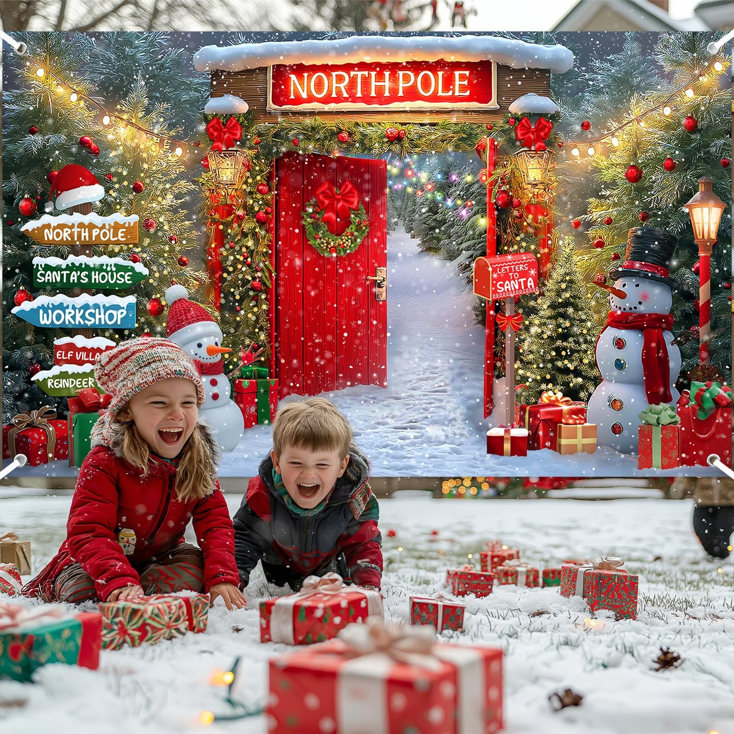 Lecheme Christmas Backdrop for Photography North Pole Santa's House Banner Snowy Forest Red Barn Door Christmas Banner Xmas Holiday Family Photo Background Party Decorations