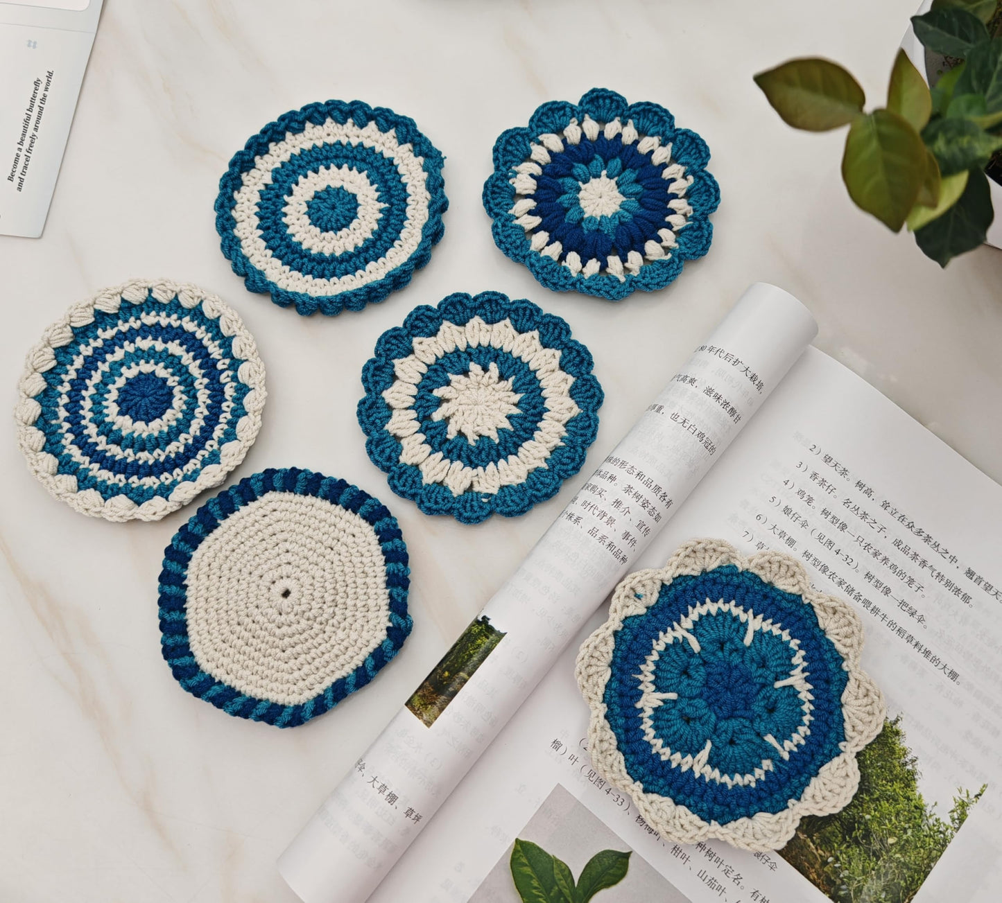 Handmade Crocheted Pure Cotton Coasters, 6-piece Set of Coasters, for Desktop Protection, Home Decoration, Suitable for Weddings, Housewarming, Birthdays