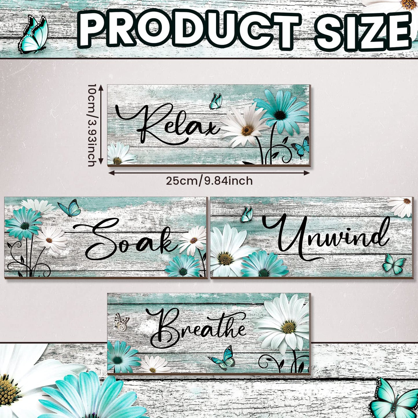 Sunnyray 4 Pcs Farmhouse Bathroom Wall Decor Sign Spring Daisy Tulip Flowers and Butterfly Bathroom Wall Art Relax Soak Unwind Breathe Rustic Wood Plaque Decor(10 x 4 Inch,Turquoise)
