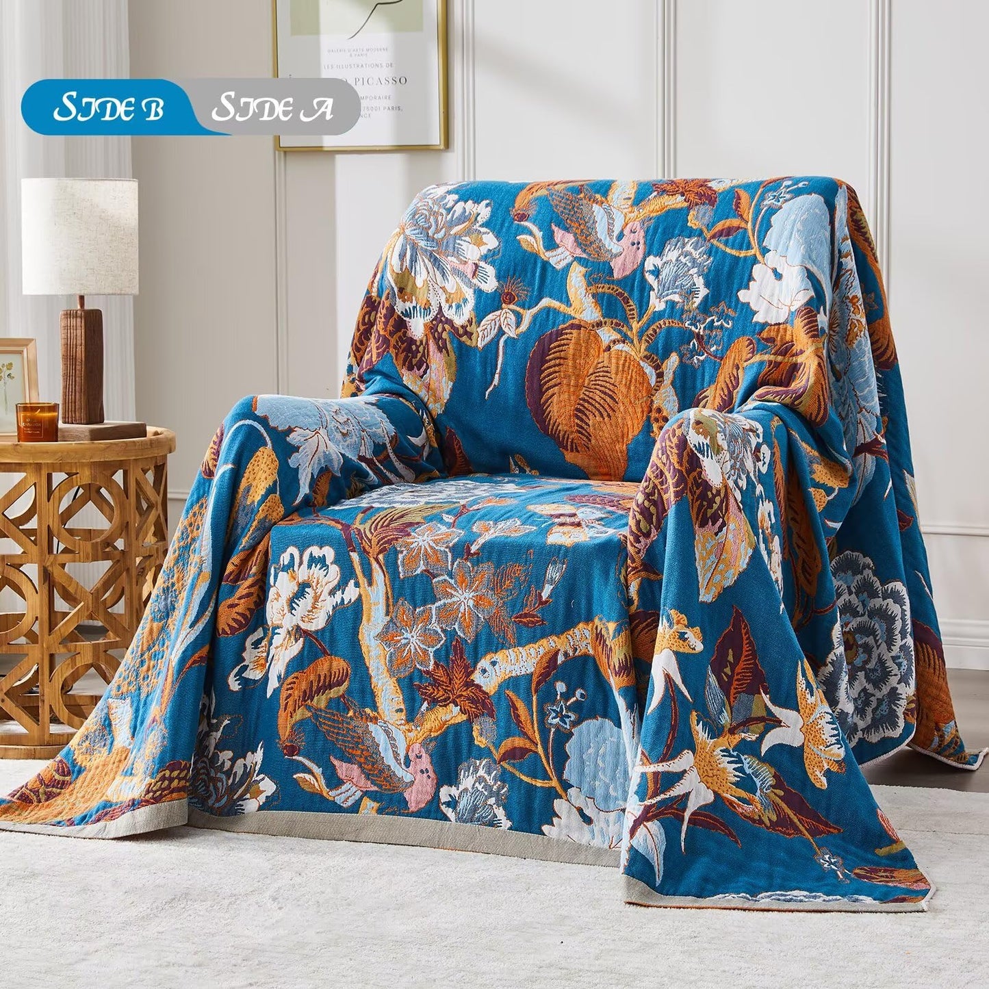 HBNDIL Boho Blanket Soft Muslin BohoThrow Blanket, 100% Cotton Floral Printed Farmhouse Decor All Season Reversible Rustic Throw for Sofa Couch Chair (Beige, 50"x60")