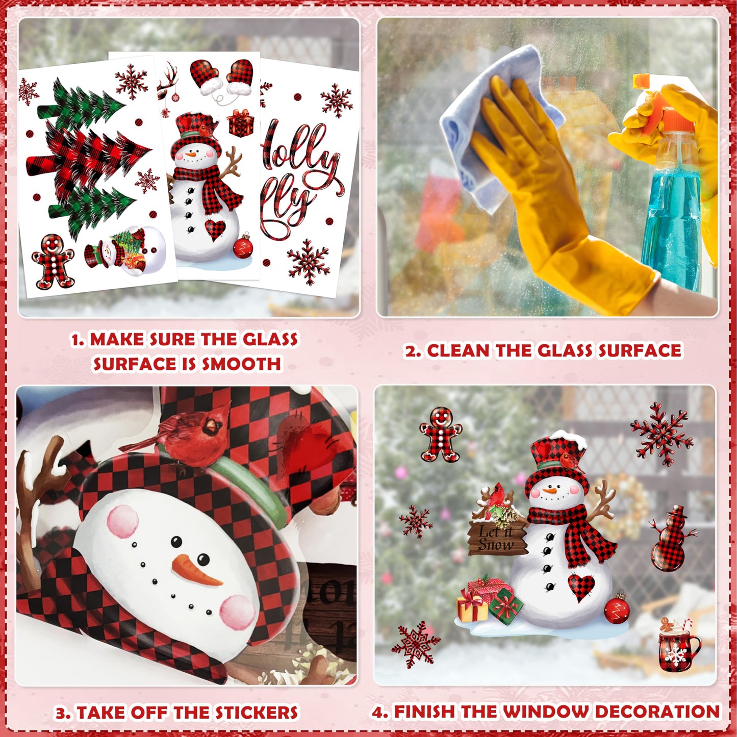 BORAMDO Christmas Window Clings 12 Sheets, Buffalo Plaid Xmas Window Decals Stickers Removable Holiday Decorations for Home & Office, 12 Styles