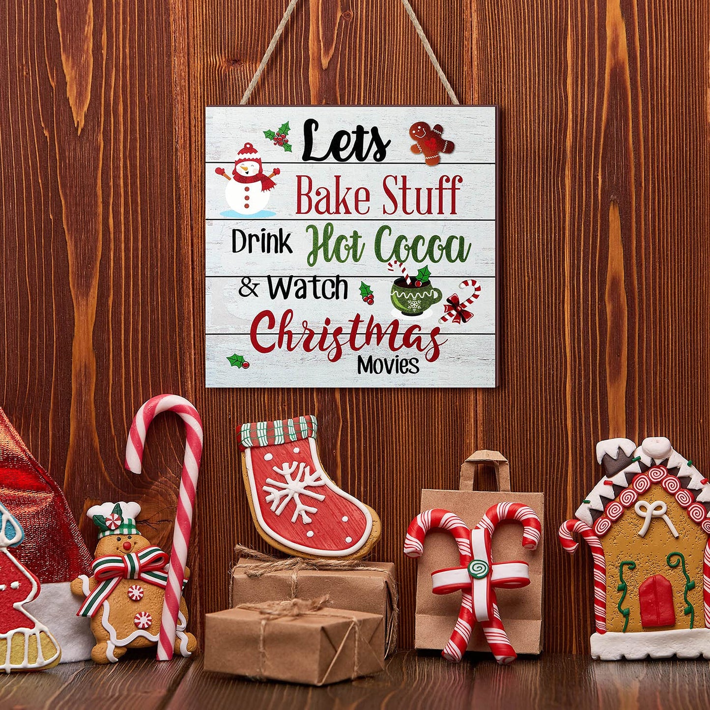 Blulu Christmas Hanging Wooden Sign Christmas Coffee Bar Decor Wood Candy Cane Hot Cocoa Sign Door Hanging Plaque for Xmas Winter Holiday Kitchen Home Wall Decoration(Classic)
