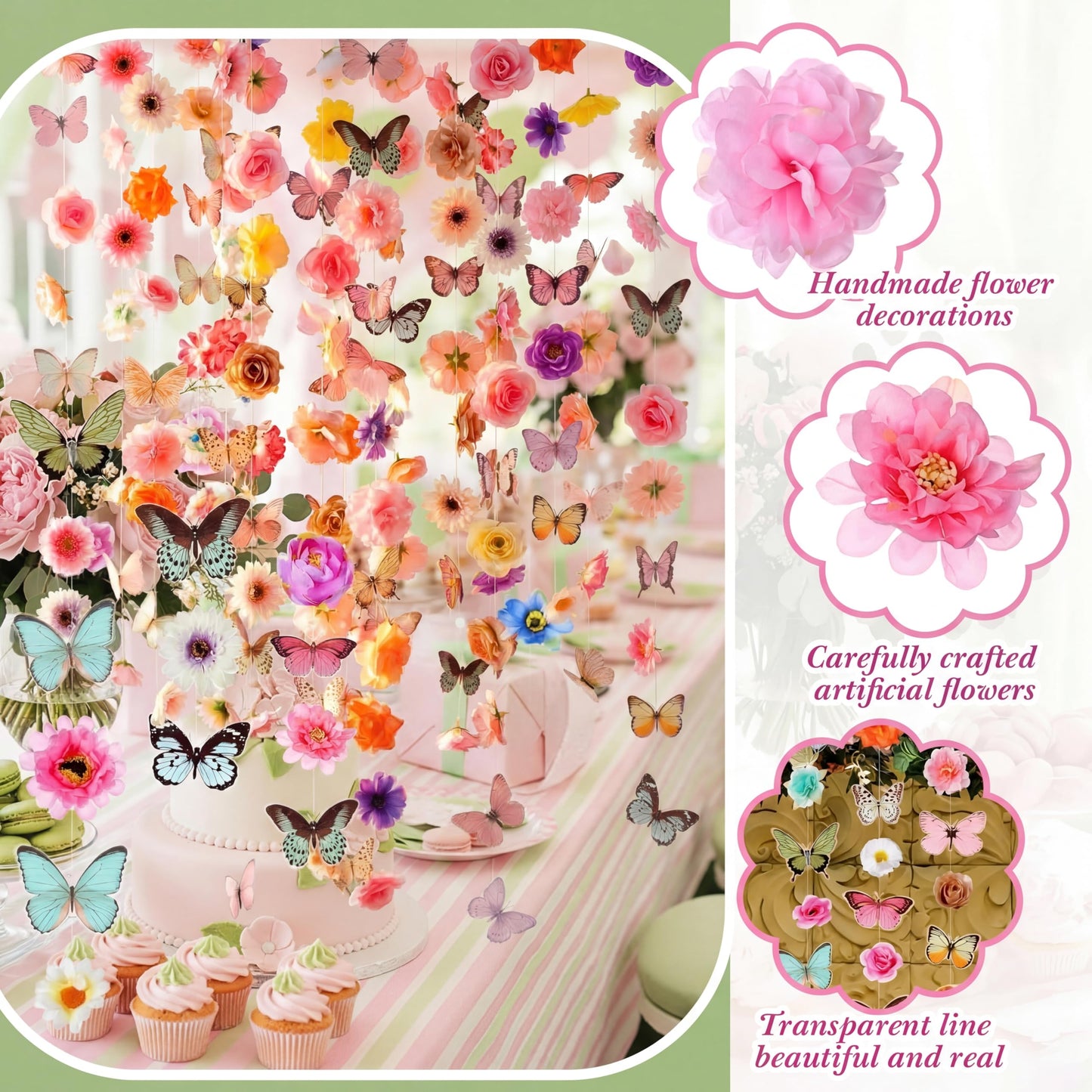 Suncalla 6 Pcs Artificial Flower Butterflies Garland Hanging Decorations 5.9 ft Flower Curtain Backdrop with Hooks Indoor Decor for Wedding Spring Party Birthday Baby Shower Home