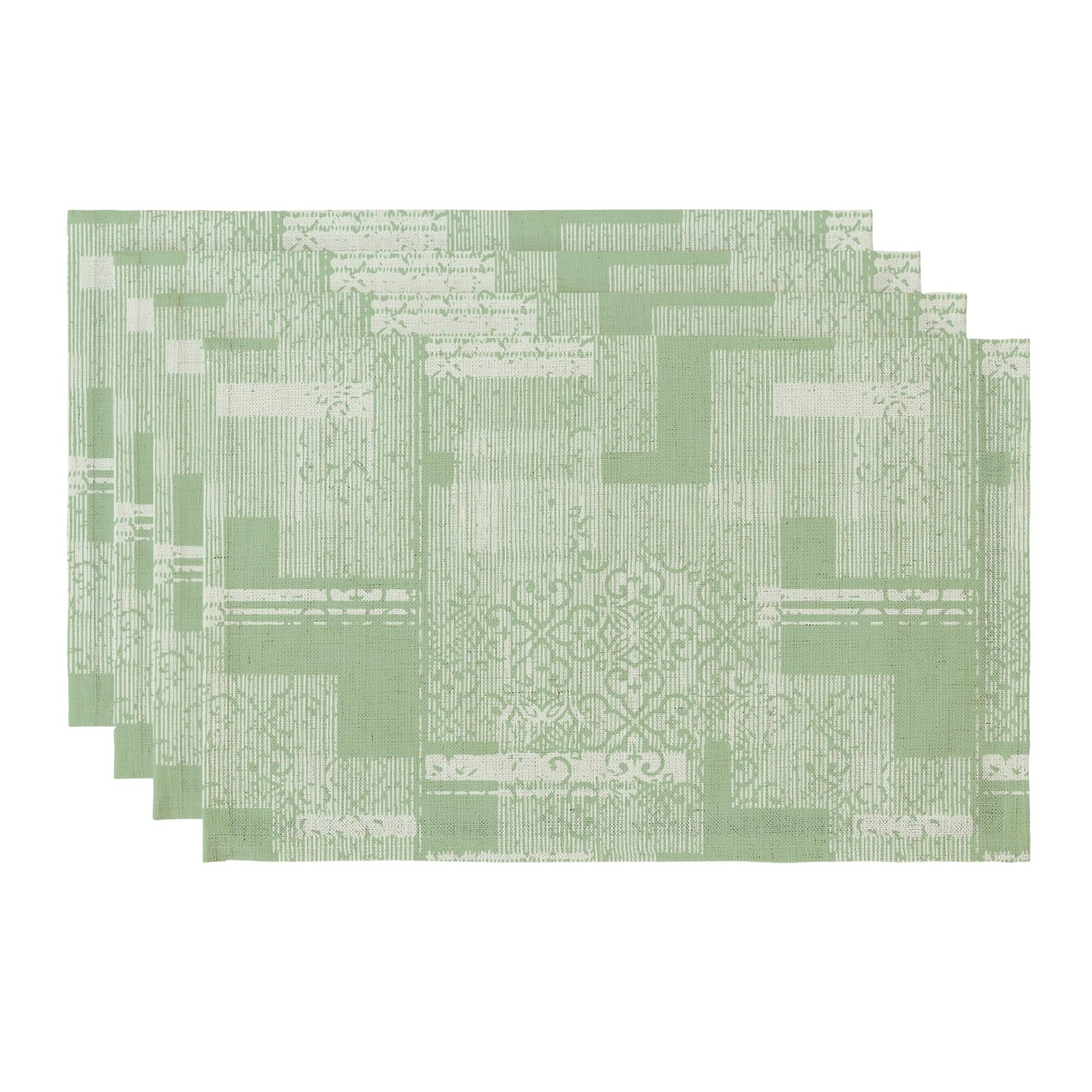 LilyCat Linen Fabric Floral Placemats, Green Stripes Durable Boho Dining Table Mats for Kitchen, Rustic Vintage Washable Place Mats Set of 4, 18’’× 12’’