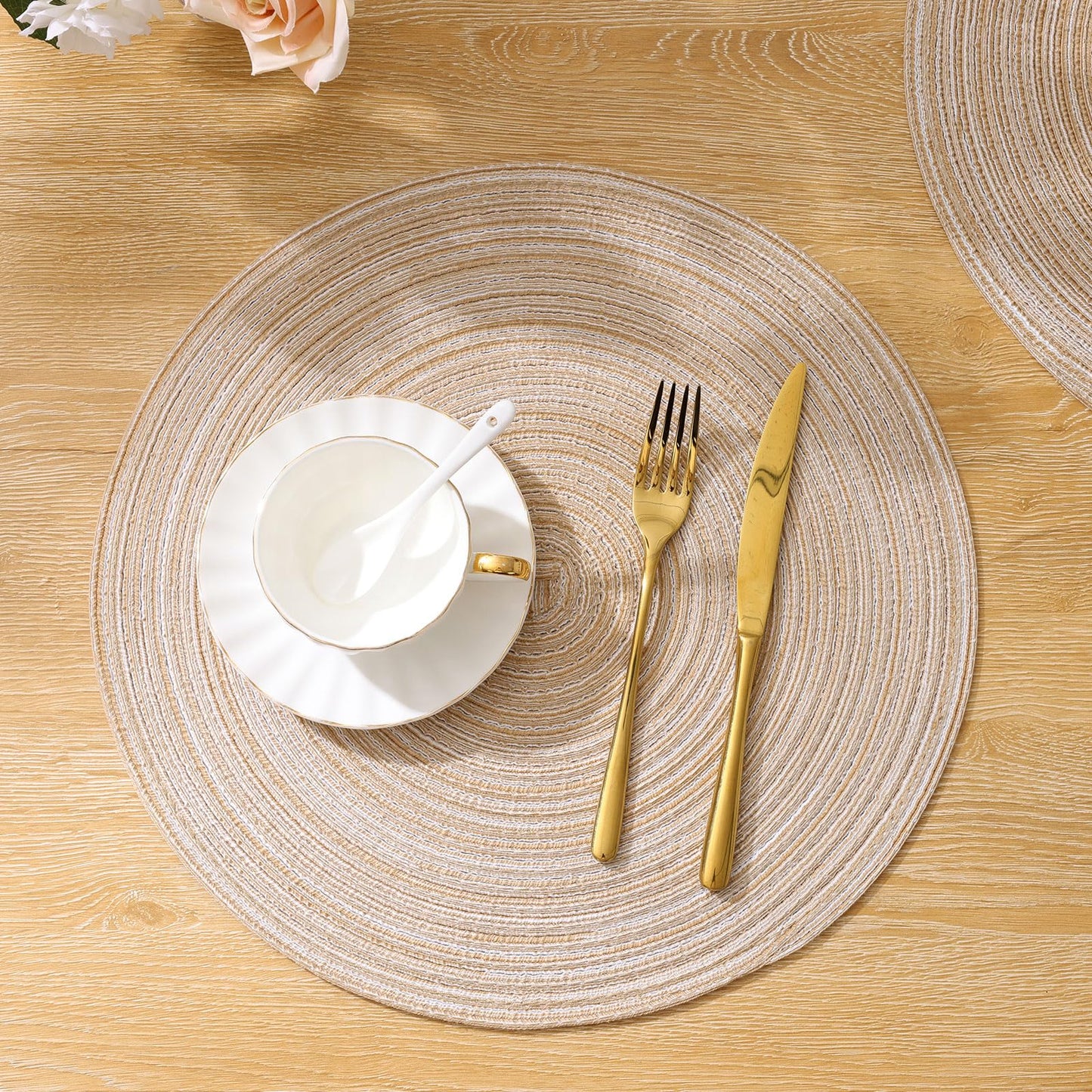 SHACOS Round Braided Placemats Set of 4 Round Table Mats for Dining Tables 15 inch Non Slip Washable Kitchen Table Place Mats Natural Farmhouse Decor (Beige, 4)