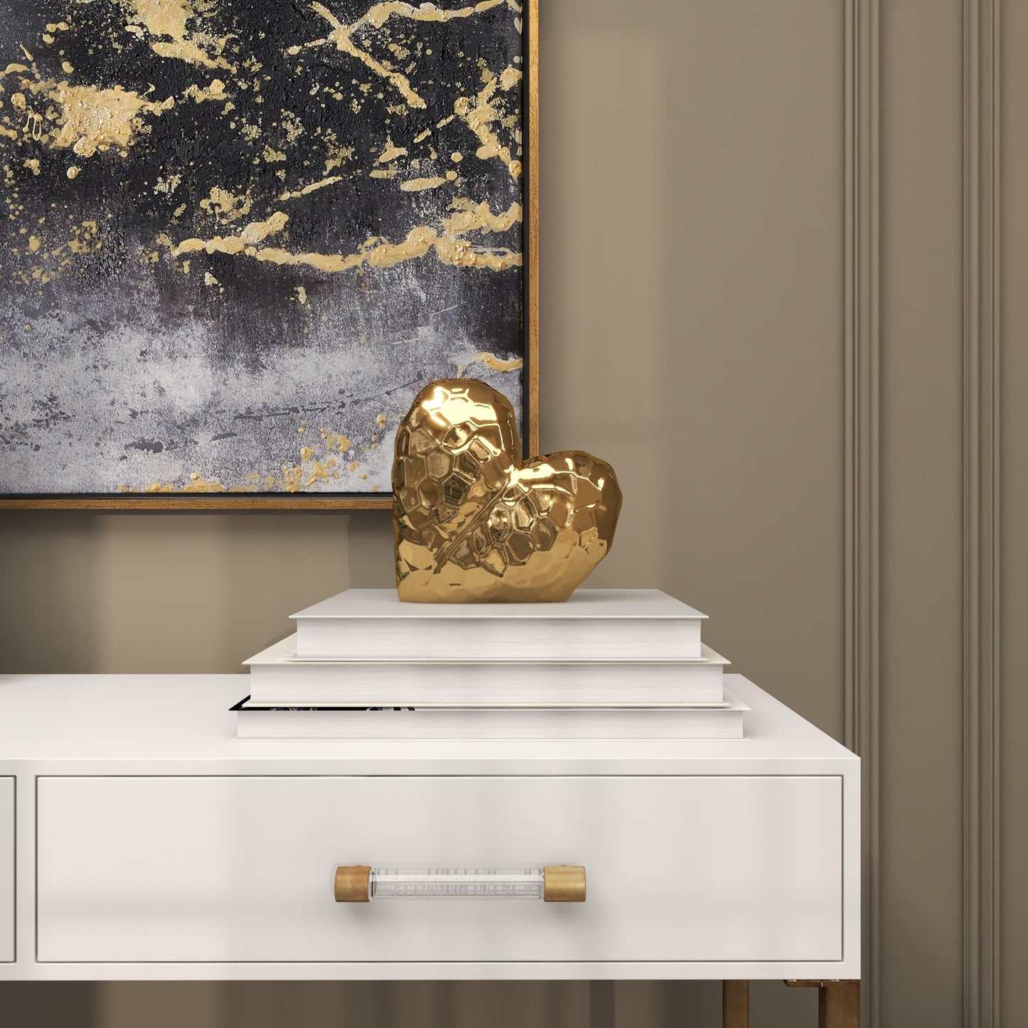 Deco 79 Porcelain Ceramic Heart Decorative Sculpture Dimensional Angled Origami Inspired Home Decor Statue, Accent Figurine 8" x 3" x 8", Gold