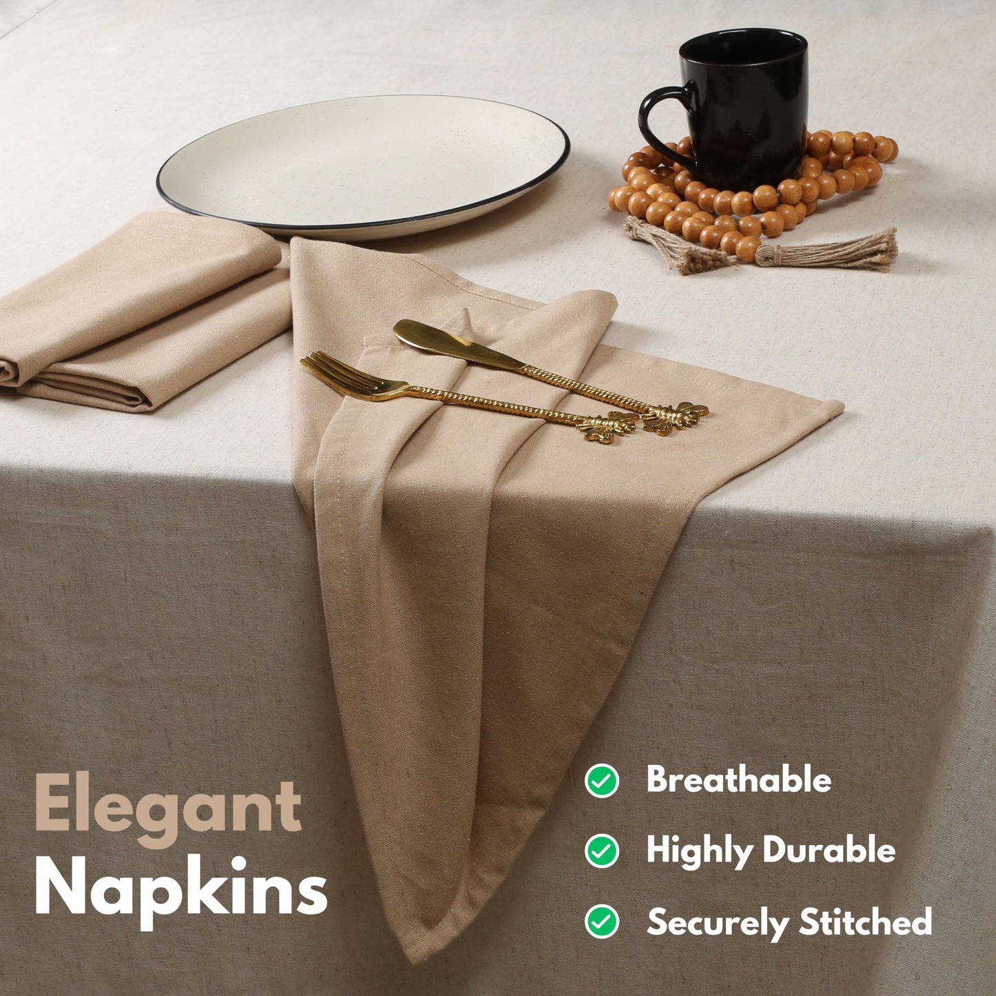 Native Fab Cloth Napkin Set of 12, 100% Cotton, Washable, Reusable Dinner Cloth Napkin 17x17 inches, Table Decor Napkins for Dinner, Events, Beige